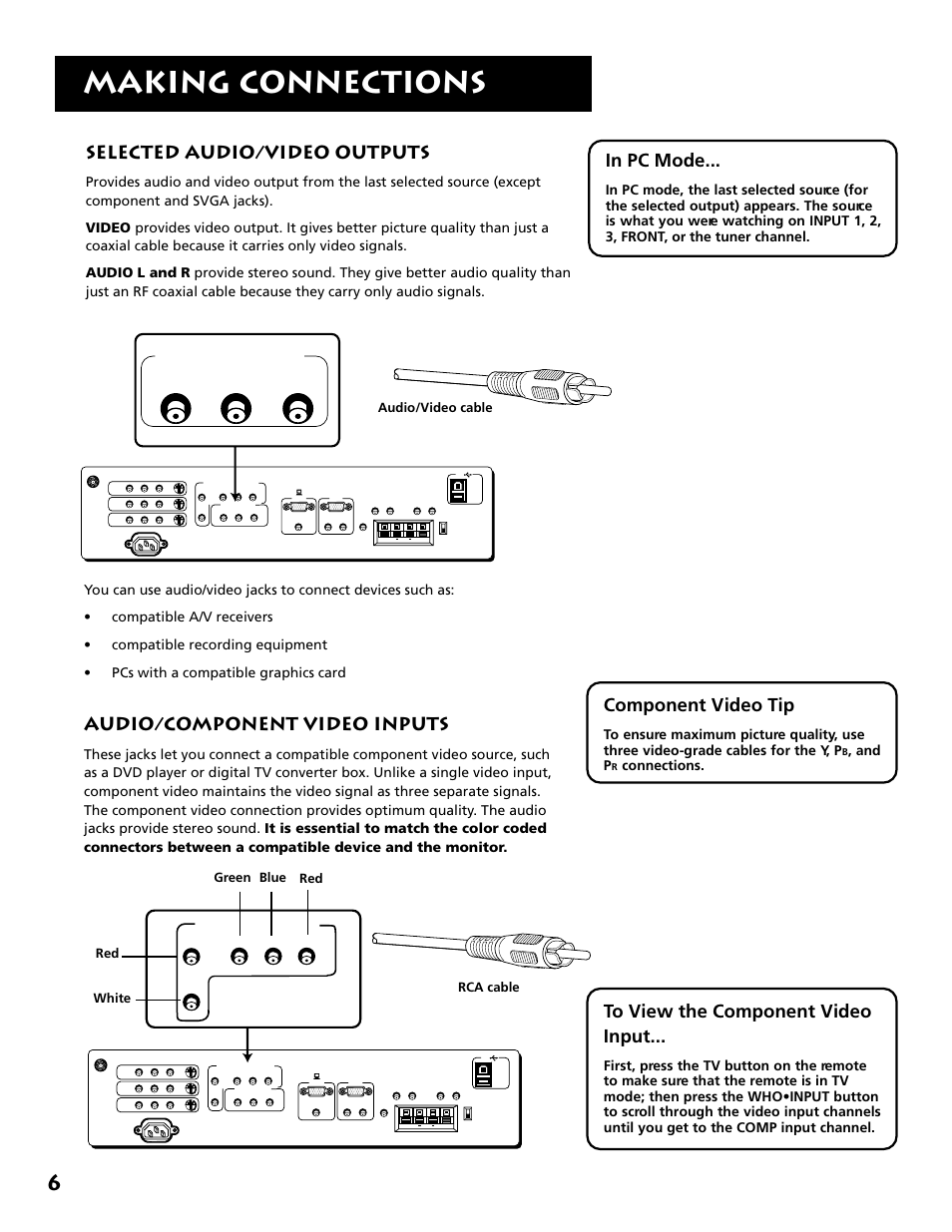 Making connections, Selected audio/video outputs, Audio/component video inputs | Component video tip, And p, Connections, Rca cable, Audio/video cable, Red white green blue red, Selected outputs | RCA MM27110 User Manual | Page 8 / 64