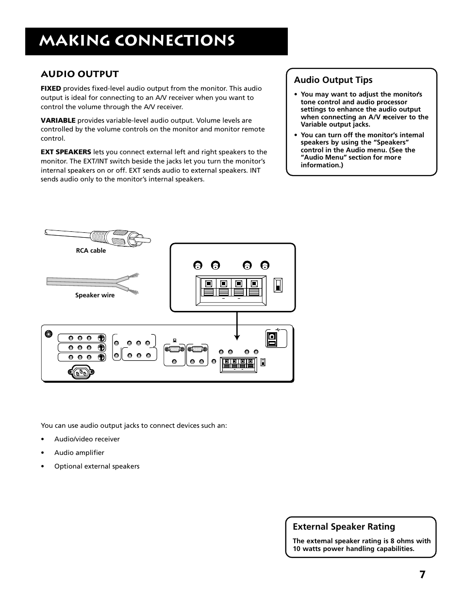 Making connections, Audio output, Audio output tips | External speaker rating, Rca cable speaker wire | RCA MM27110 User Manual | Page 9 / 64