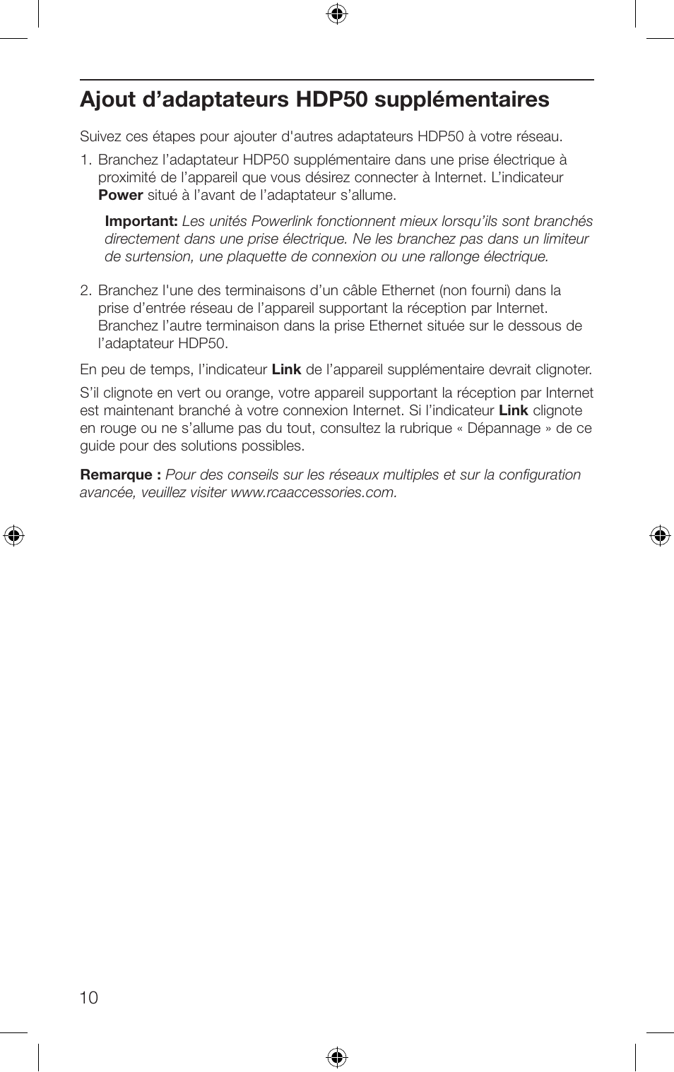 Ajout d’adaptateurs hdp50 supplémentaires | RCA HDP50 User Manual | Page 10 / 20