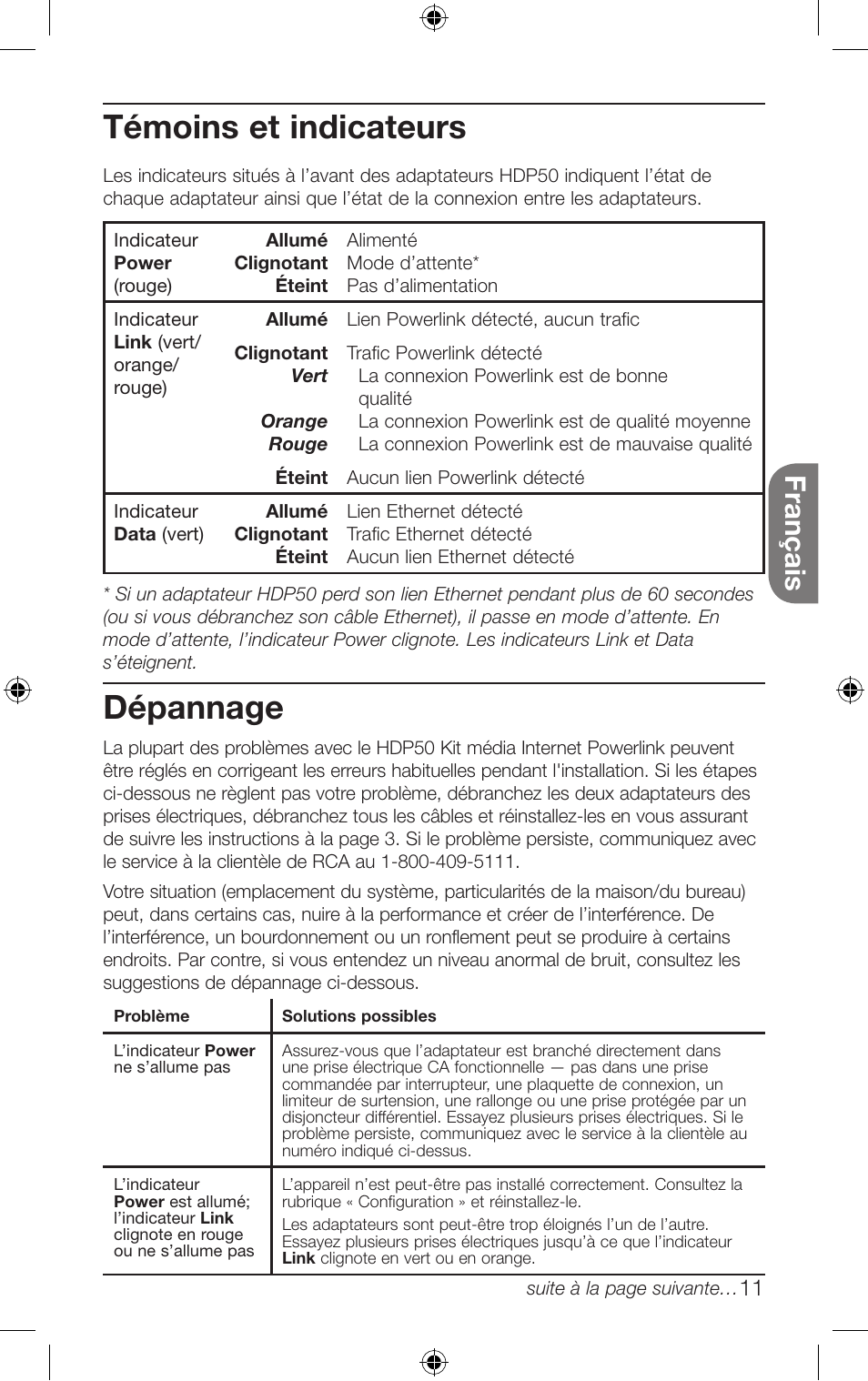 Dépannage, Témoins et indicateurs, Français | RCA HDP50 User Manual | Page 11 / 20