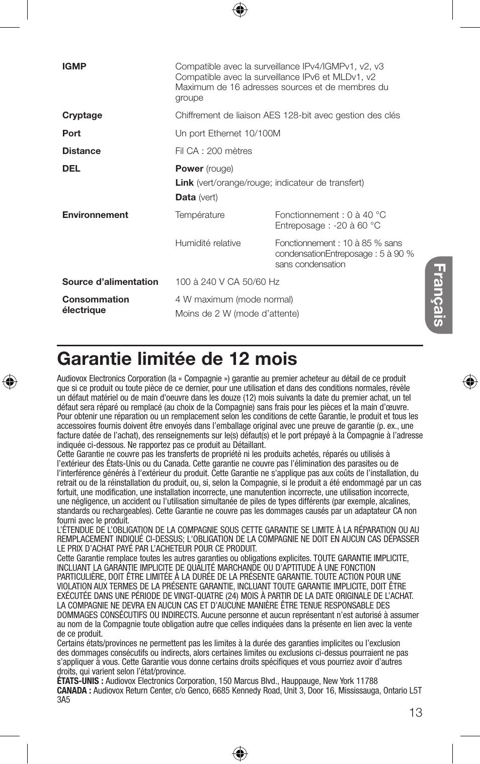 Garantie limitée de 12 mois, Français | RCA HDP50 User Manual | Page 13 / 20
