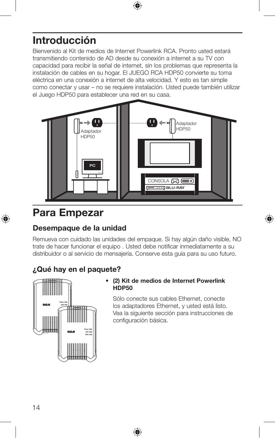 Para empezar, Introducción, Desempaque de la unidad | Qué hay en el paquete | RCA HDP50 User Manual | Page 14 / 20