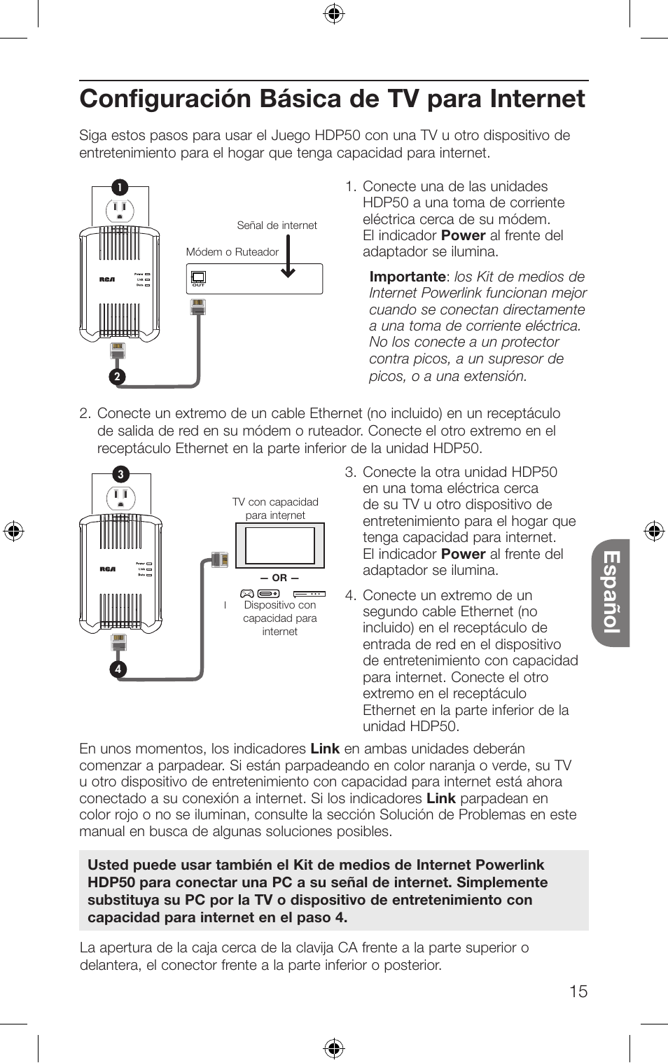 Configuración básica de tv para internet, Español | RCA HDP50 User Manual | Page 15 / 20