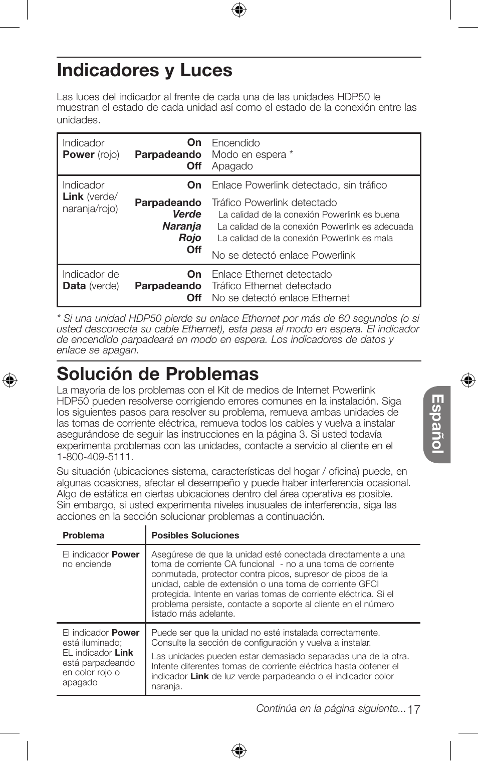 Solución de problemas, Indicadores y luces, Español | RCA HDP50 User Manual | Page 17 / 20