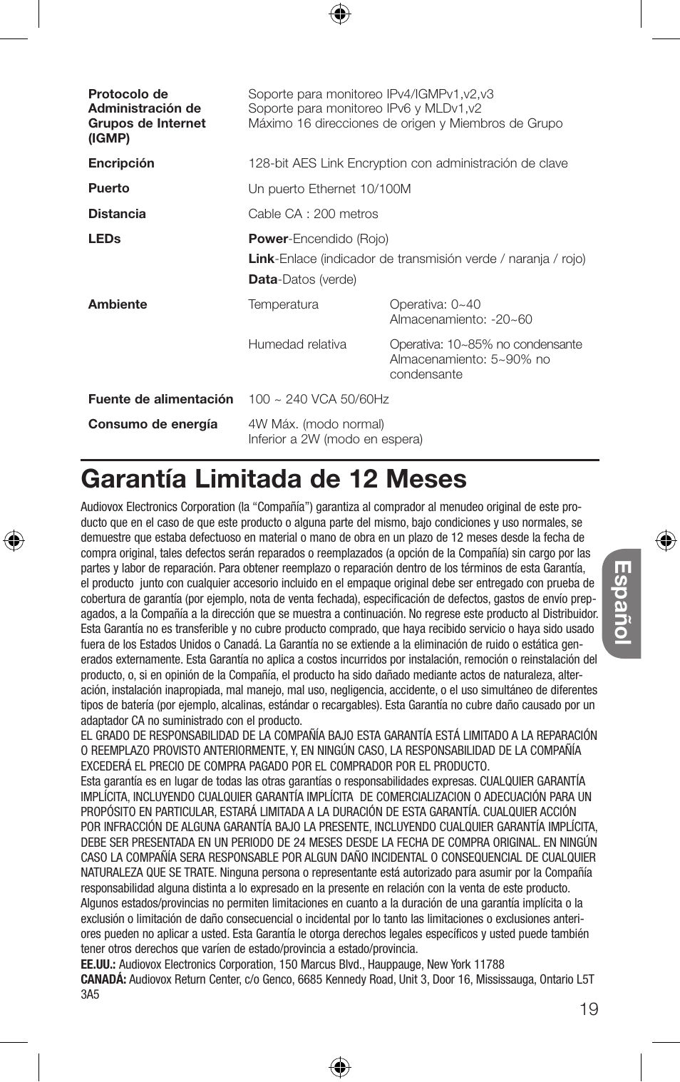 Garantía limitada de 12 meses, Español | RCA HDP50 User Manual | Page 19 / 20