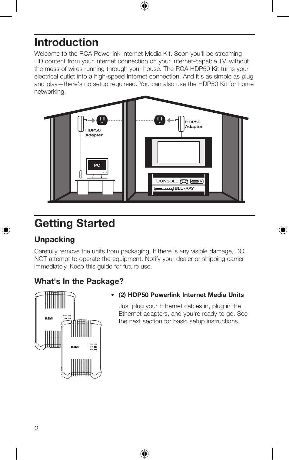 Getting started, Introduction, Unpacking | What's in the package | RCA HDP50 User Manual | Page 2 / 20