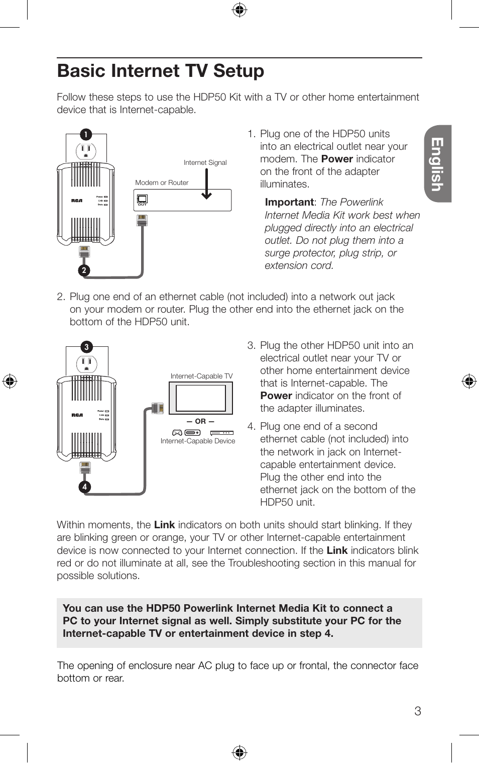 Basic internet tv setup, English | RCA HDP50 User Manual | Page 3 / 20
