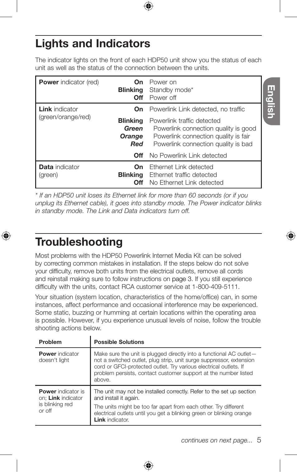 Troubleshooting, Lights and indicators, English | RCA HDP50 User Manual | Page 5 / 20