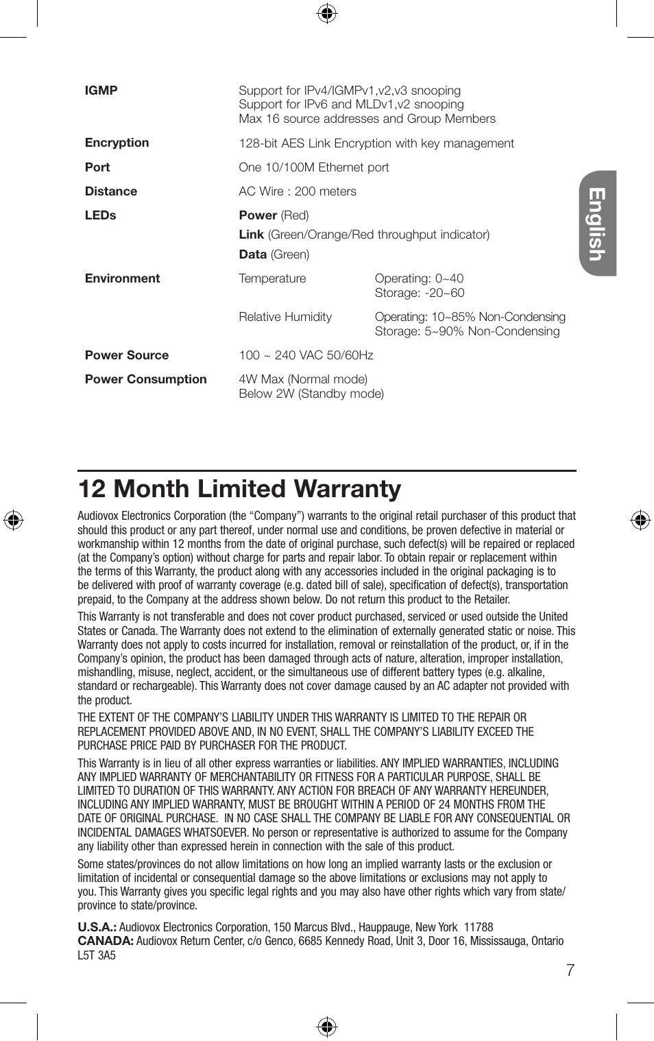 12 month limited warranty, English | RCA HDP50 User Manual | Page 7 / 20