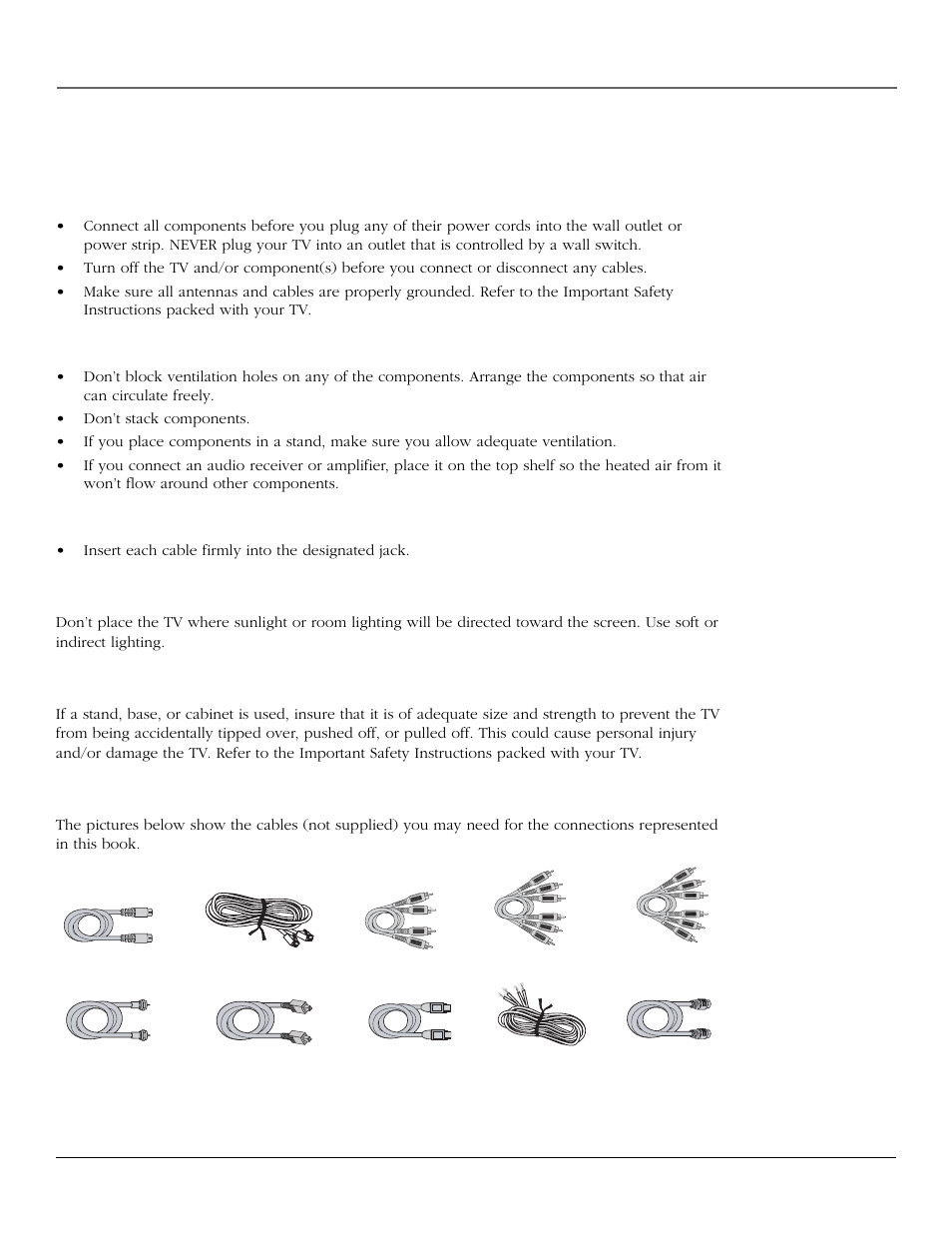 Connections & setup, Things to consider before you connect, Protect against power surges | Protect components from overheating, Use indirect light, Using a stand | RCA scenium User Manual | Page 10 / 96