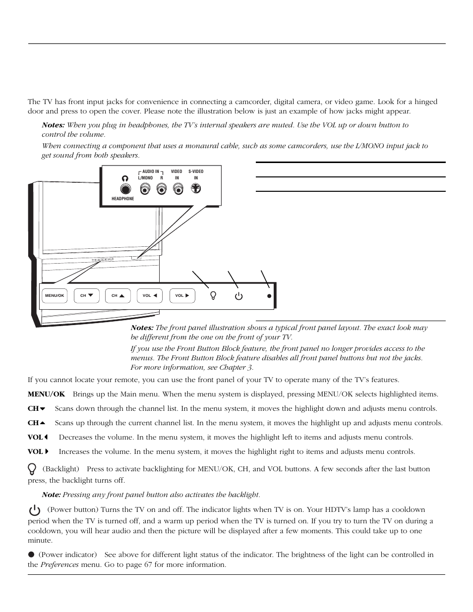 Connections & setup, The front of your tv, Front input jacks | Front panel, 14 chapter 1 | RCA scenium User Manual | Page 16 / 96
