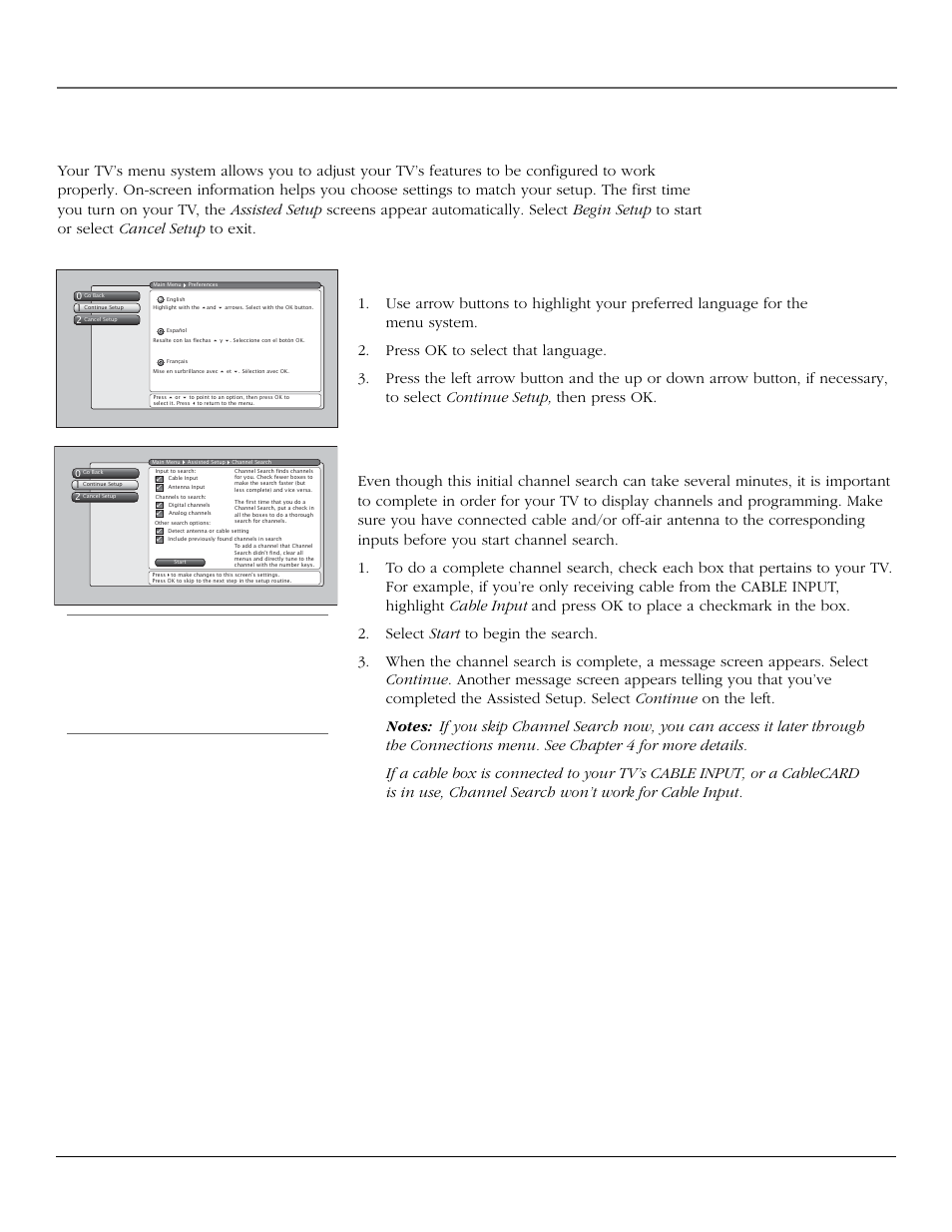 Connections & setup, Complete the assisted setup, Set the menu language | Complete channel search, 24 chapter 1 | RCA scenium User Manual | Page 26 / 96