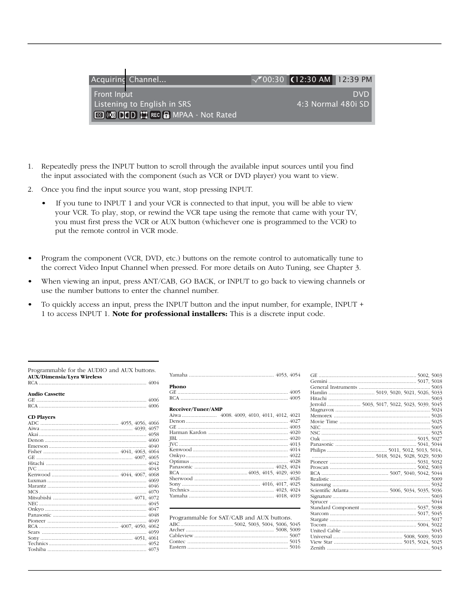 Using the remote control using the input button, Remote code list | RCA scenium User Manual | Page 35 / 96