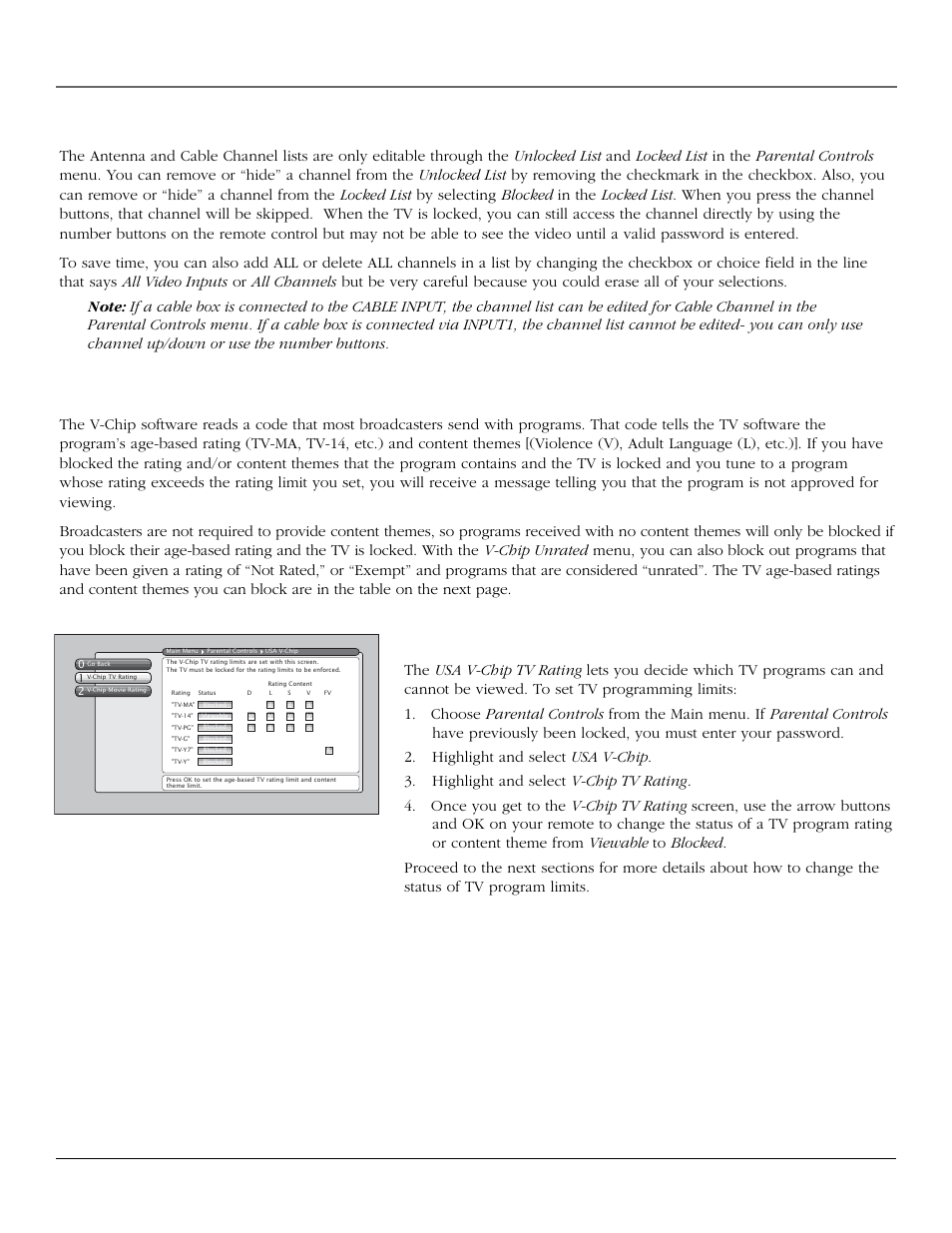 Using the tv’s features, How v-chip works for the usa and canada, Usa v-chip tv ratings | Chapter 3 39 editing channels in the channel lists | RCA scenium User Manual | Page 41 / 96
