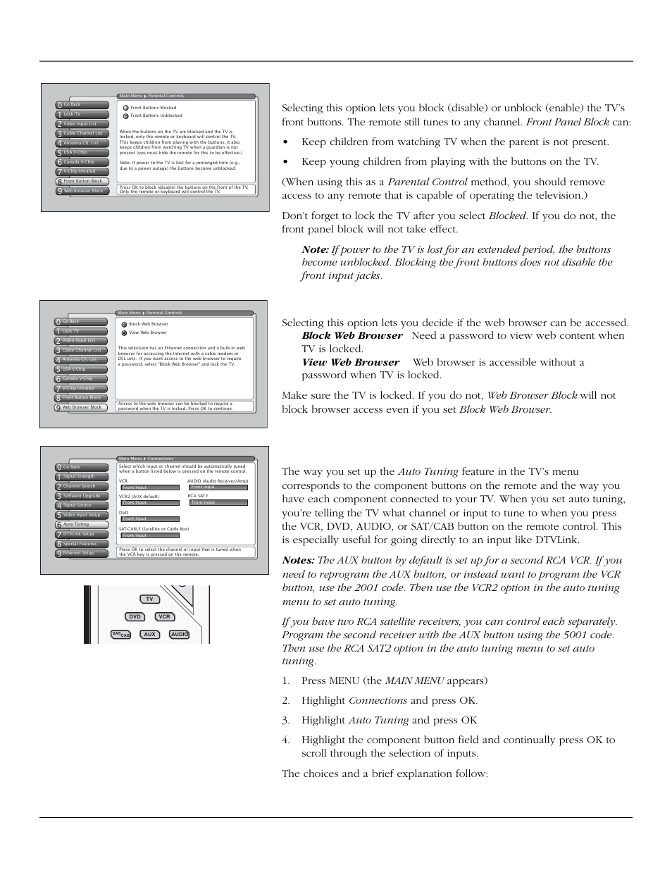 Using the tv’s features, Auto tuning feature, Chapter 3 45 front button block | Web browser block | RCA scenium User Manual | Page 47 / 96