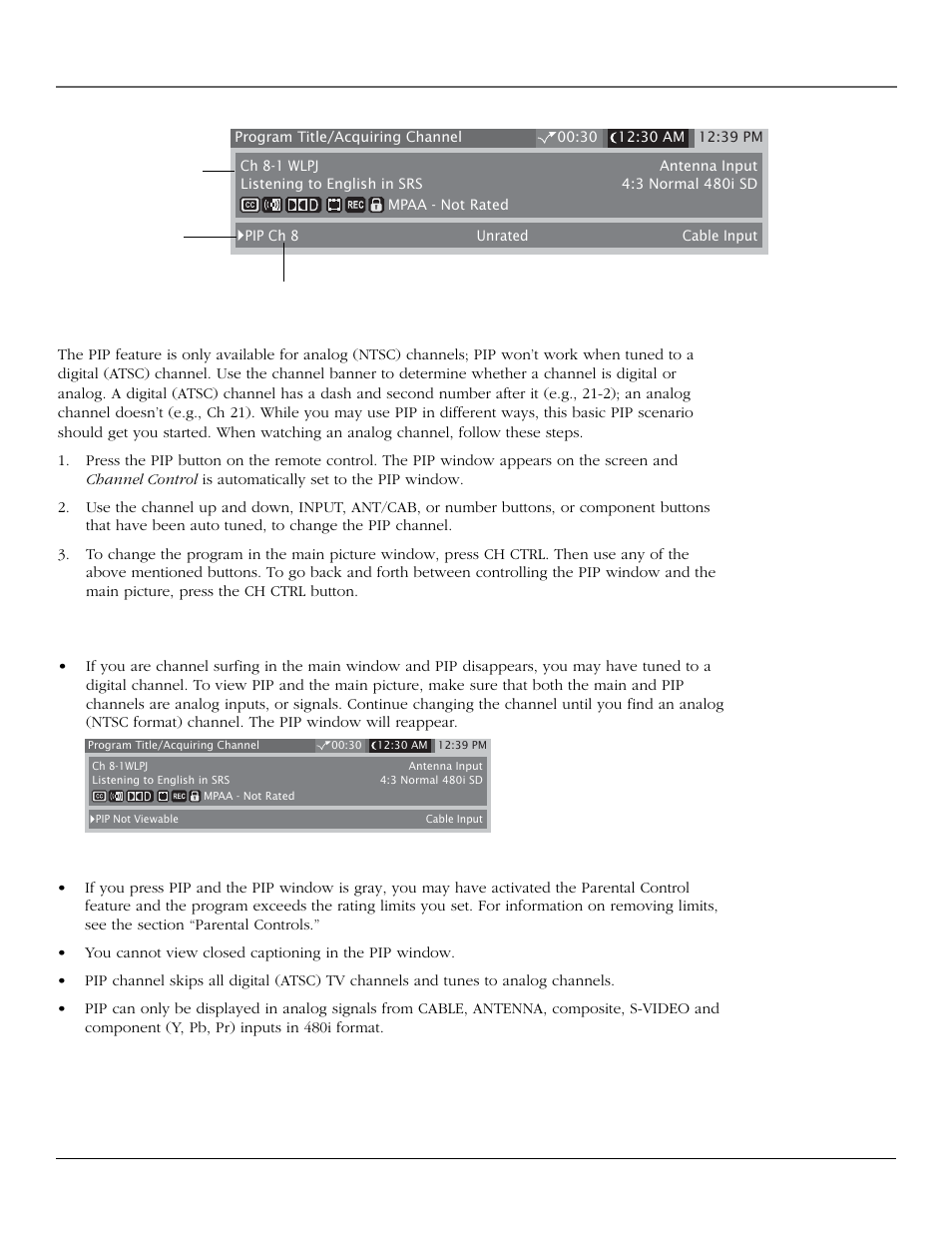 Using the tv’s features, Chapter 3 47 using the pip feature, Pip problems | RCA scenium User Manual | Page 49 / 96