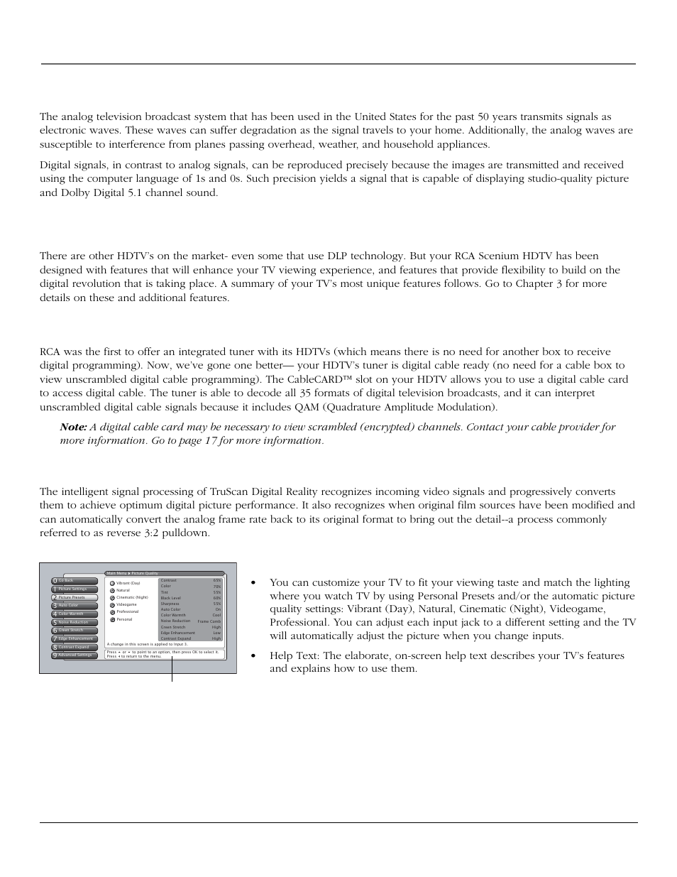 Introduction, Digital signal and sound, Integrated hdtv tuner with digital cable ready qam | Truscan digital reality, Help text | RCA scenium User Manual | Page 5 / 96