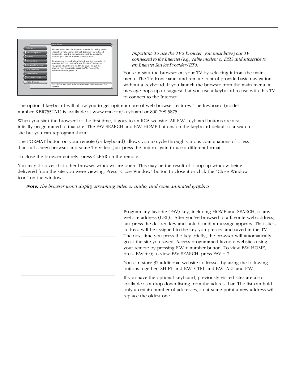 Using the tv’s features, Using the web browser, Saving your favorite web address | 48 chapter 3 | RCA scenium User Manual | Page 50 / 96