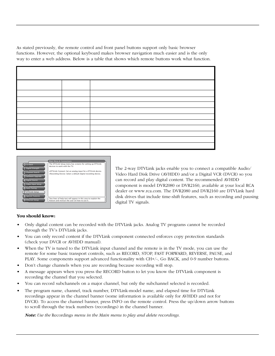 Using the tv’s features, Dtvlink recording, Controlling the web browser | Web browser button interaction, Chapter 3 49 | RCA scenium User Manual | Page 51 / 96