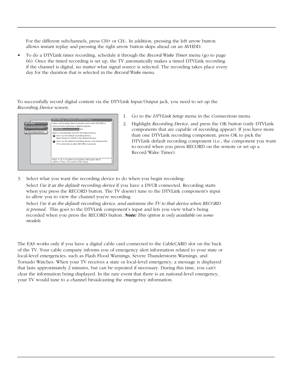 Using the tv’s features, Set up dtvlink recording preferences, Emergency alert system (eas) | 50 chapter 3 | RCA scenium User Manual | Page 52 / 96