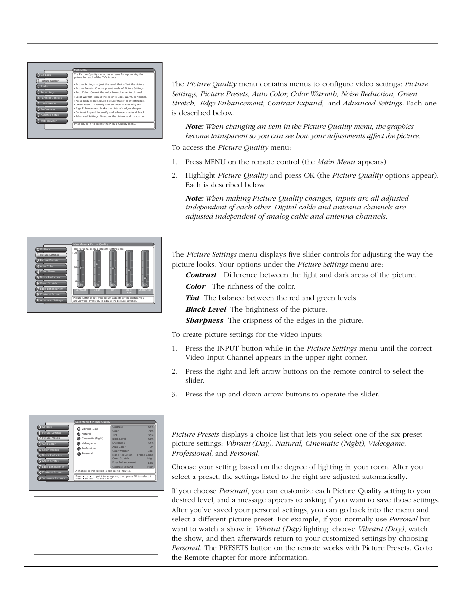 Using the tv’s menu system picture quality menu, Picture settings, Picture presets | 54 chapter 4 | RCA scenium User Manual | Page 56 / 96