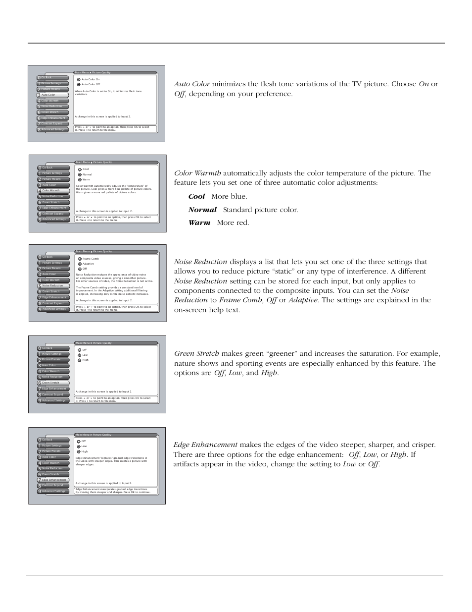 Using the tv’s menu system, Color warmth, Noise reduction | Auto color, Green stretch, Edge enhancement, Chapter 4 55 | RCA scenium User Manual | Page 57 / 96