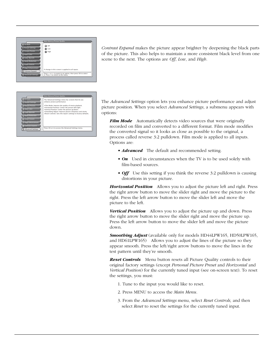 Using the tv’s menu system, Contrast expand, Advanced settings | 56 chapter 4 | RCA scenium User Manual | Page 58 / 96