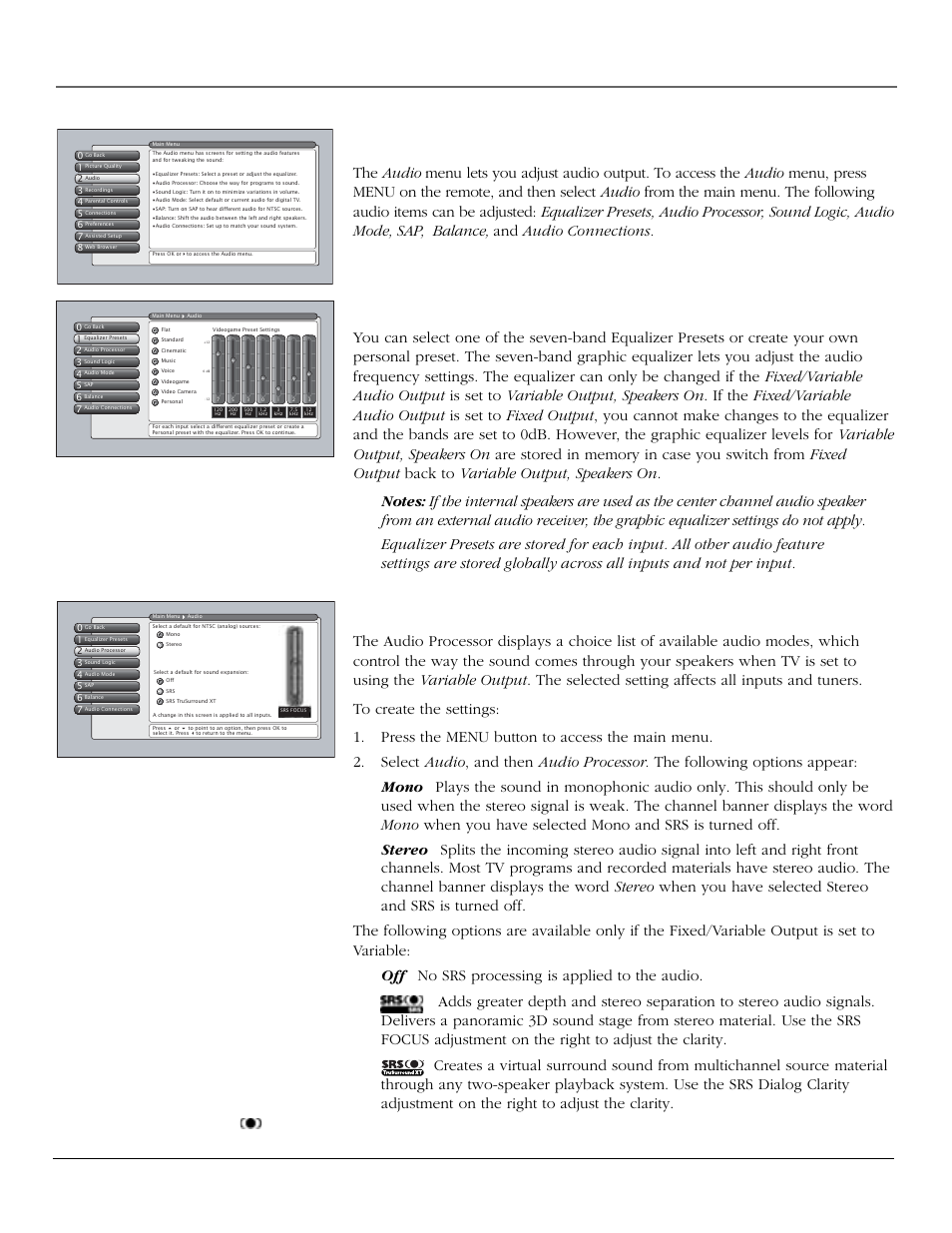 Using the tv’s menu system, Audio menu, Equalizer presets | Audio processor, Chapter 4 57 | RCA scenium User Manual | Page 59 / 96