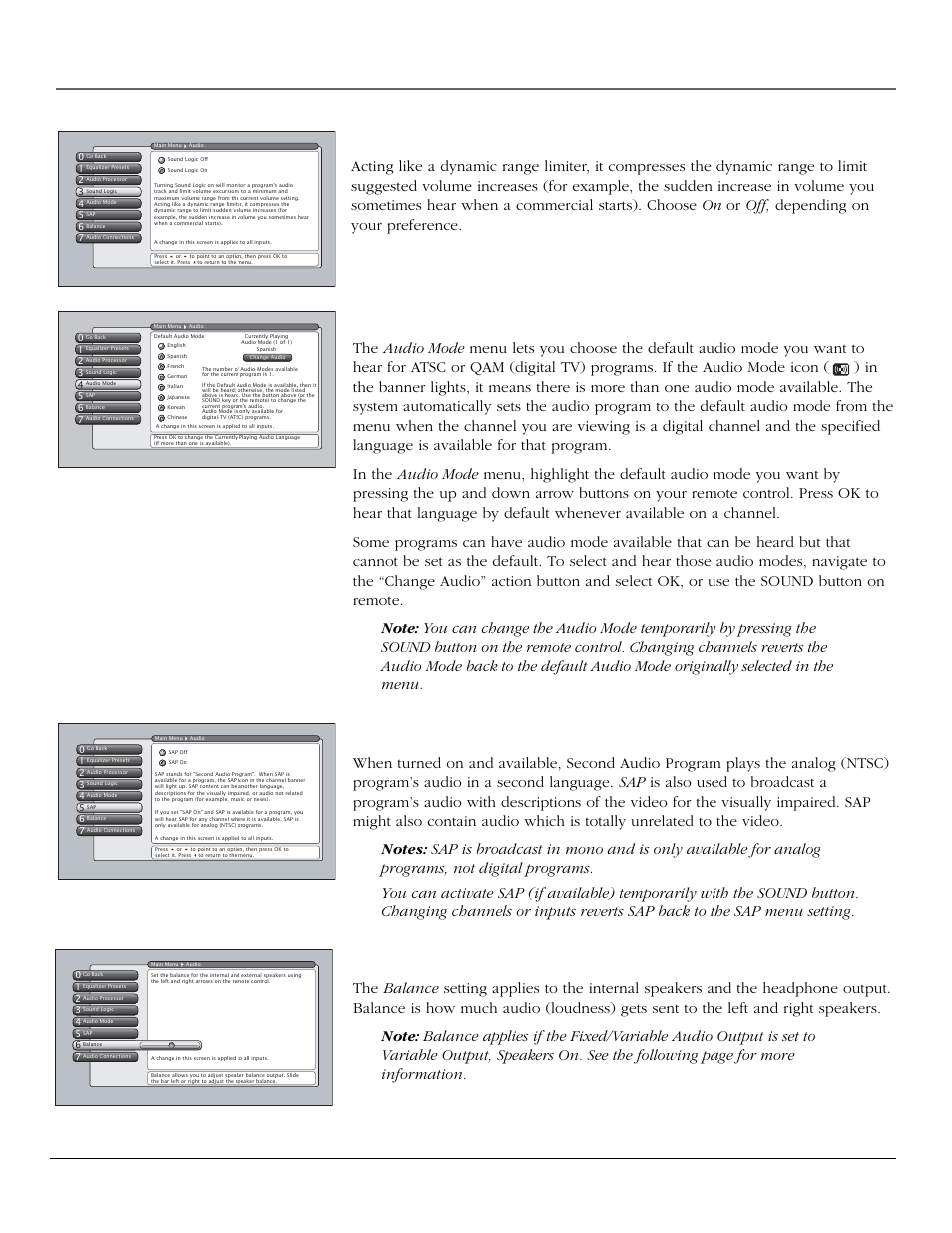 Using the tv’s menu system, Sound logic, Audio mode | Sap (second audio program), Balance, 58 chapter 4 | RCA scenium User Manual | Page 60 / 96