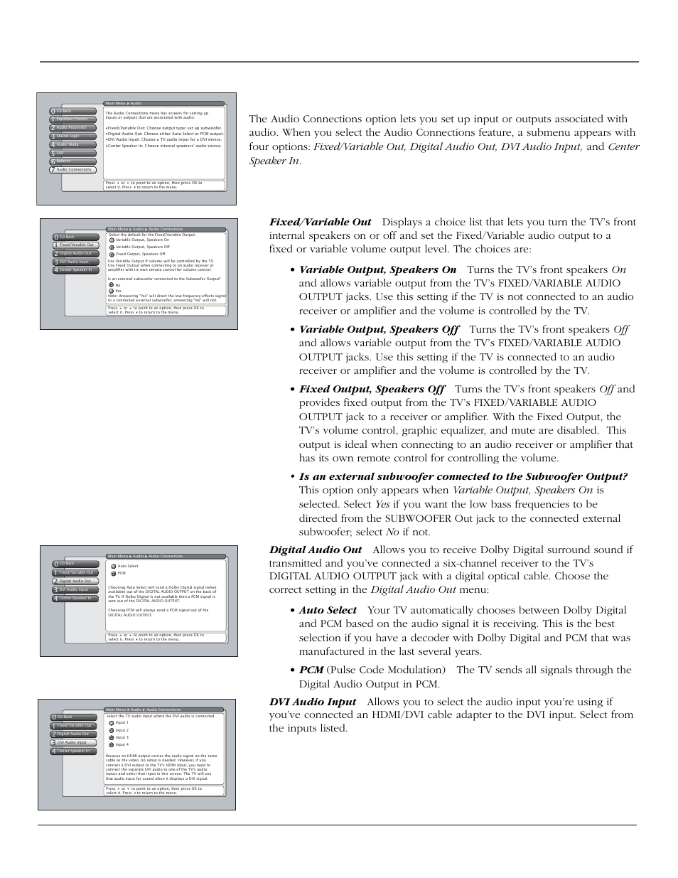 Using the tv’s menu system, Audio connections, Chapter 4 59 | RCA scenium User Manual | Page 61 / 96