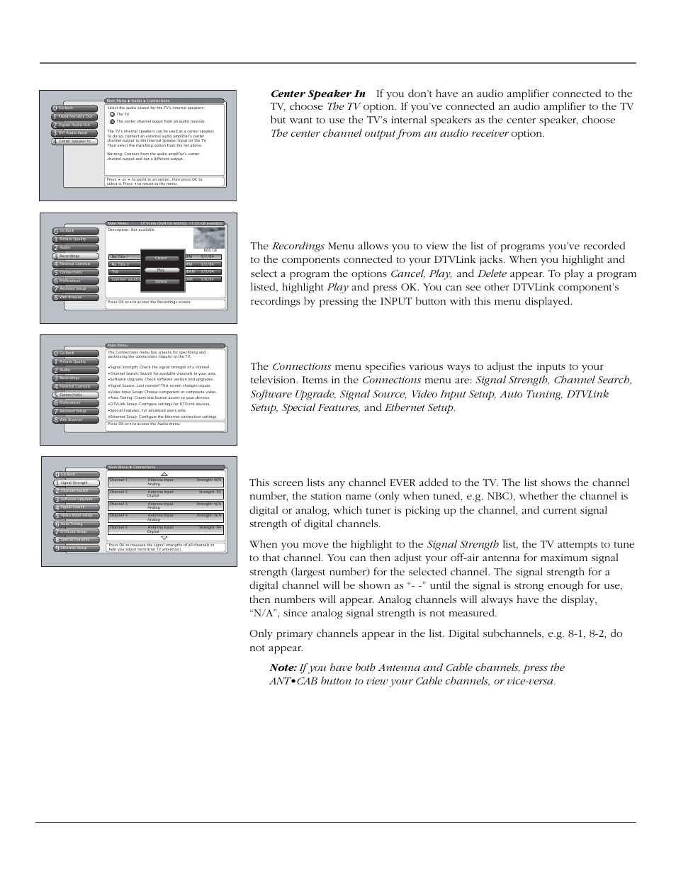 Using the tv’s menu system, Recordings menu, Connections menu | Signal strength, 60 chapter 4 | RCA scenium User Manual | Page 62 / 96