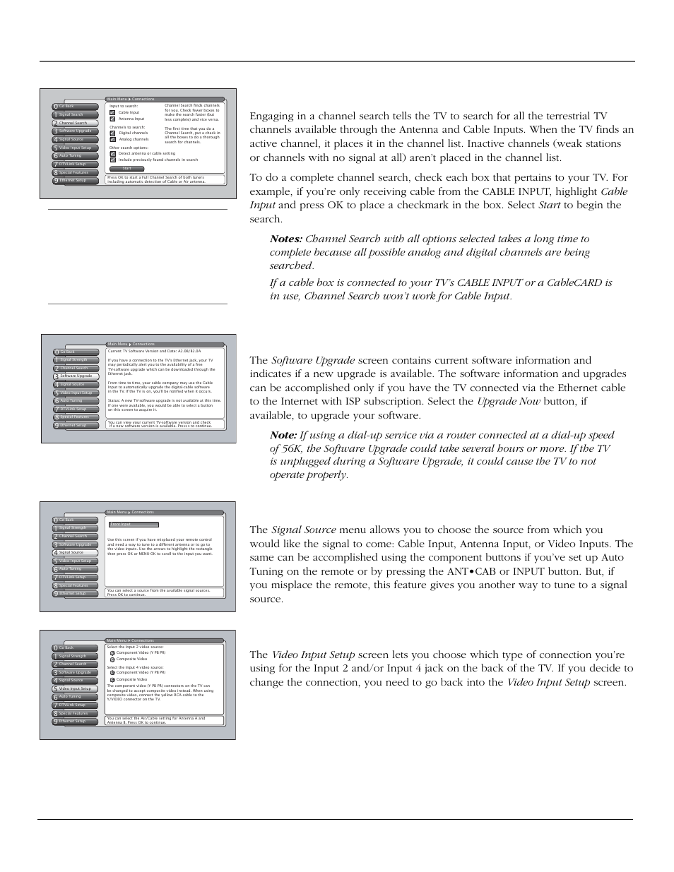 Using the tv’s menu system, Channel search, Software upgrade | Signal source, Video input setup, Chapter 4 61 | RCA scenium User Manual | Page 63 / 96
