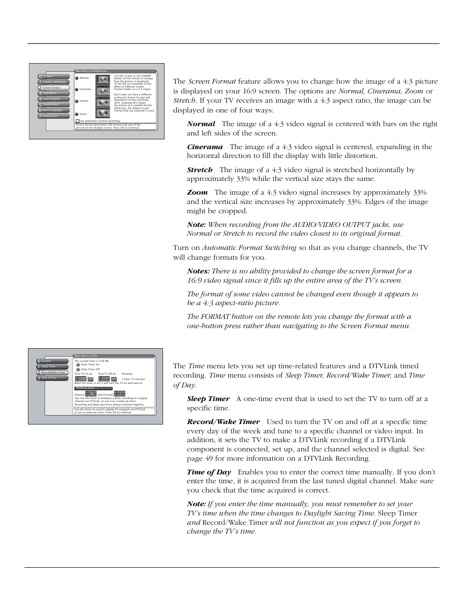 Using the tv’s menu system, Screen format, Time menu | 66 chapter 4 | RCA scenium User Manual | Page 68 / 96