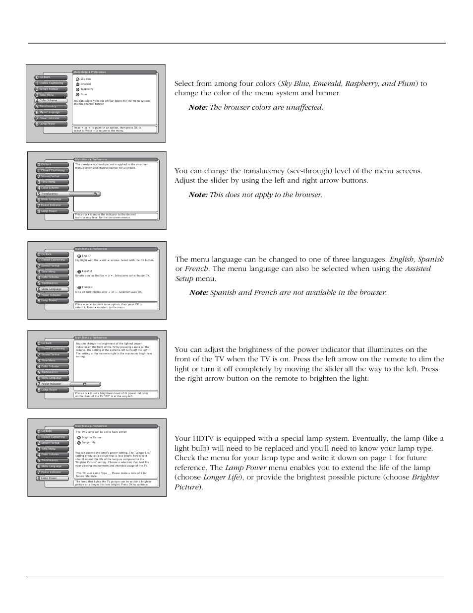 Using the tv’s menu system, Color scheme, Translucency | Menu language, Power indicator, Lamp power, Chapter 4 67 | RCA scenium User Manual | Page 69 / 96