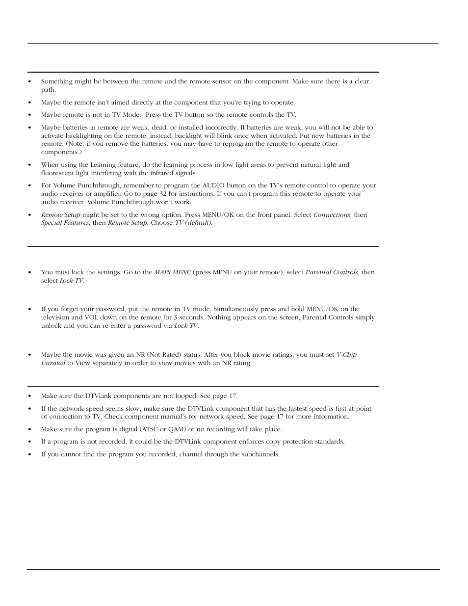 References, The remote control doesn’t work, Problems with v-chip/parental controls | Problems with dtvlink recording/playback | RCA scenium User Manual | Page 75 / 96