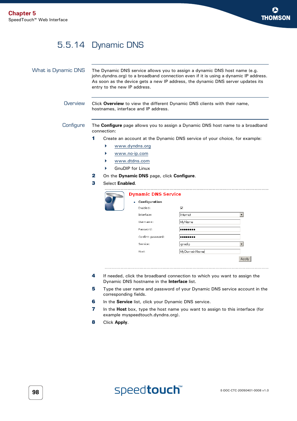 14 dynamic dns, What is dynamic dns, Overview | Configure, Dynamic dns, Chapter 5 | RCA SpeedTouch 716v5 (WL) User Manual | Page 106 / 140