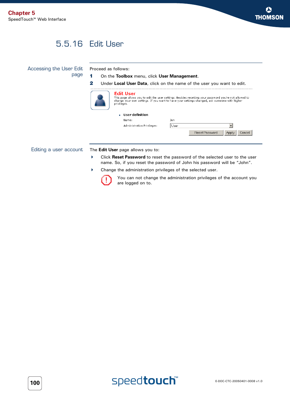16 edit user, Editing a user account, Edit user | RCA SpeedTouch 716v5 (WL) User Manual | Page 108 / 140