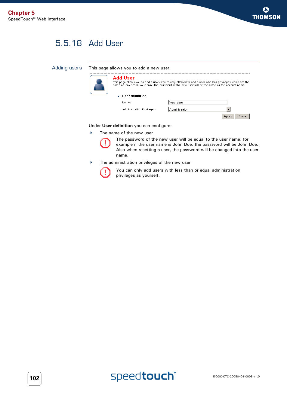 18 add user, Adding users, Add user | RCA SpeedTouch 716v5 (WL) User Manual | Page 110 / 140