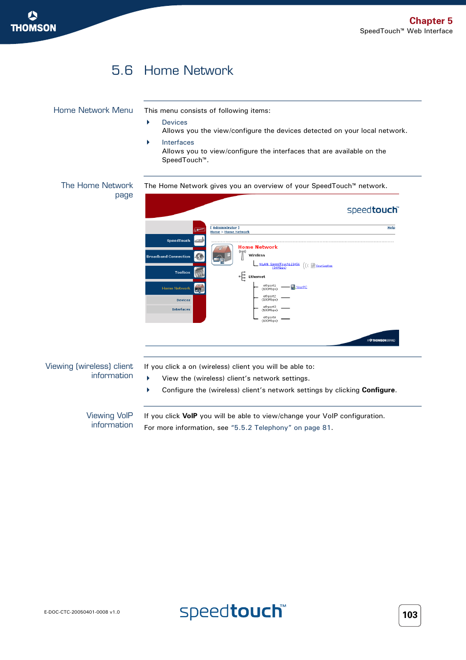 6 home network, Home network menu, Viewing (wireless) client information | Viewing voip information, Home network, Chapter 5 | RCA SpeedTouch 716v5 (WL) User Manual | Page 111 / 140