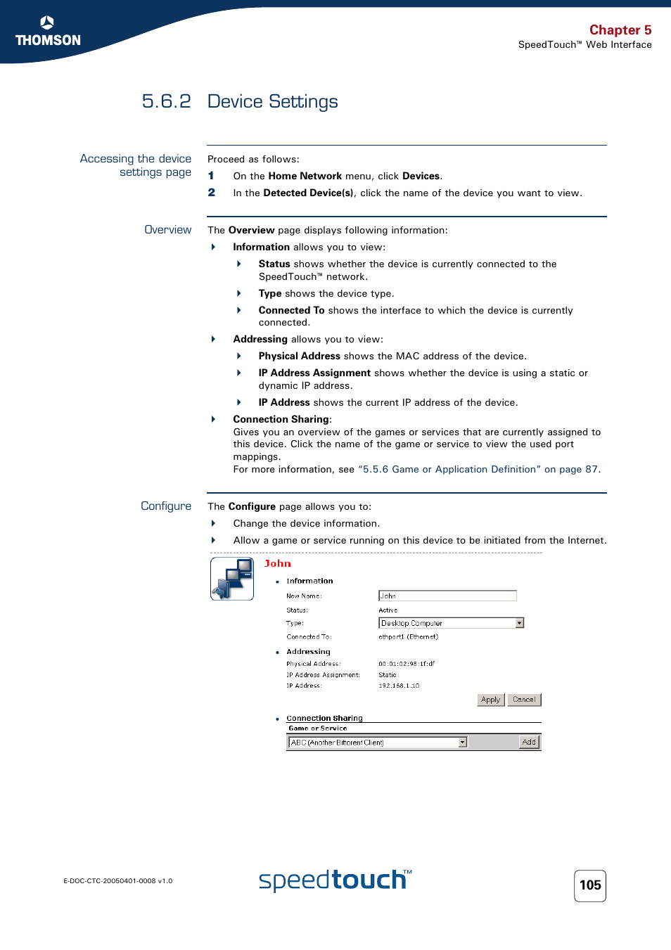 2 device settings, Overview, Configure | Device settings, Chapter 5 | RCA SpeedTouch 716v5 (WL) User Manual | Page 113 / 140