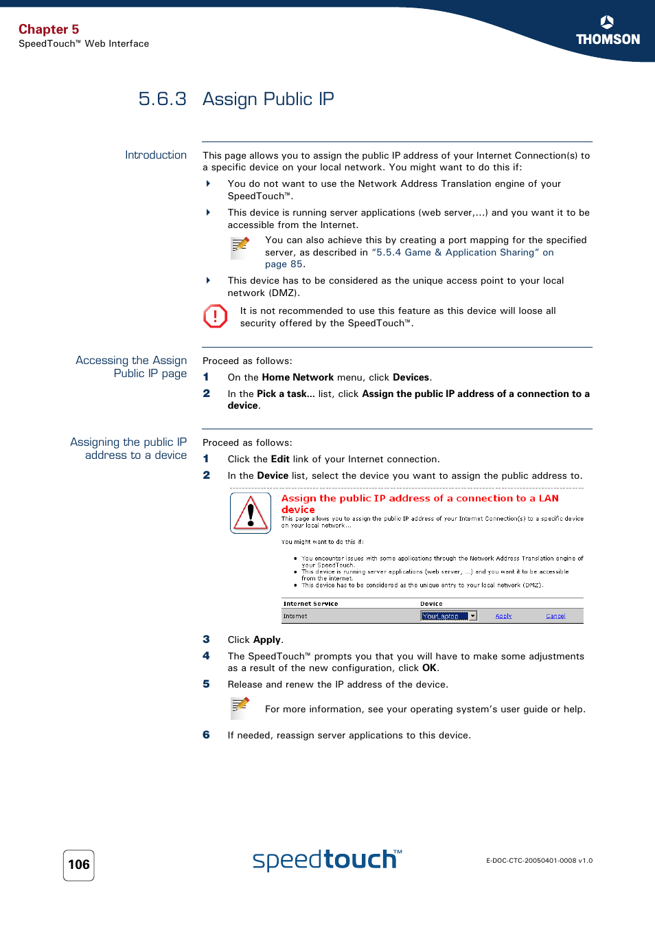 3 assign public ip, Introduction, Assigning the public ip address to a device | Assign public ip, Chapter 5 | RCA SpeedTouch 716v5 (WL) User Manual | Page 114 / 140