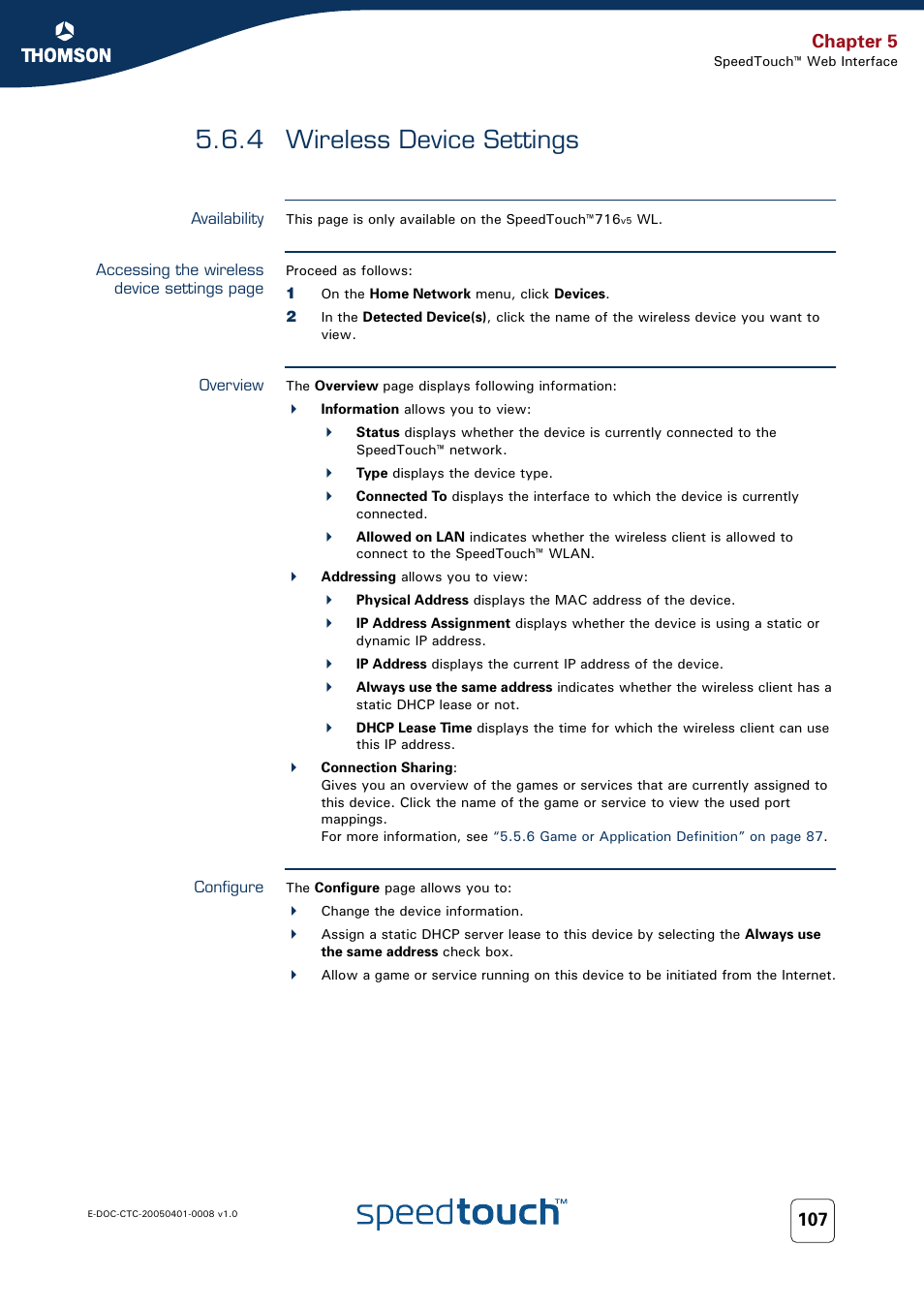 4 wireless device settings, Availability, Overview | Configure, Wireless device settings, Chapter 5 | RCA SpeedTouch 716v5 (WL) User Manual | Page 115 / 140