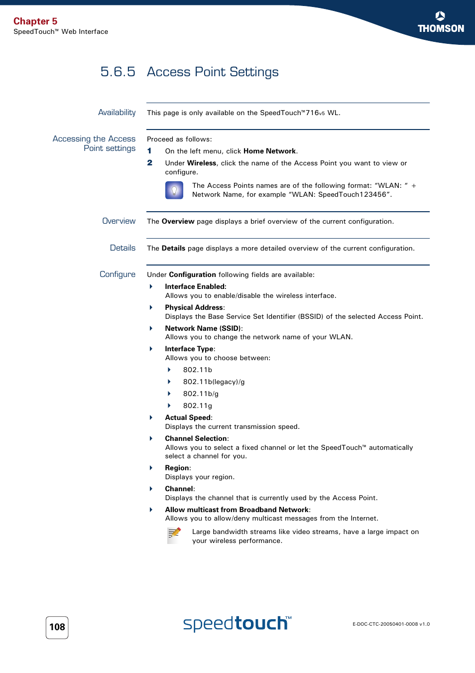 5 access point settings, Availability, Accessing the access point settings | Overview, Details, Configure, Access point settings, Chapter 5 | RCA SpeedTouch 716v5 (WL) User Manual | Page 116 / 140