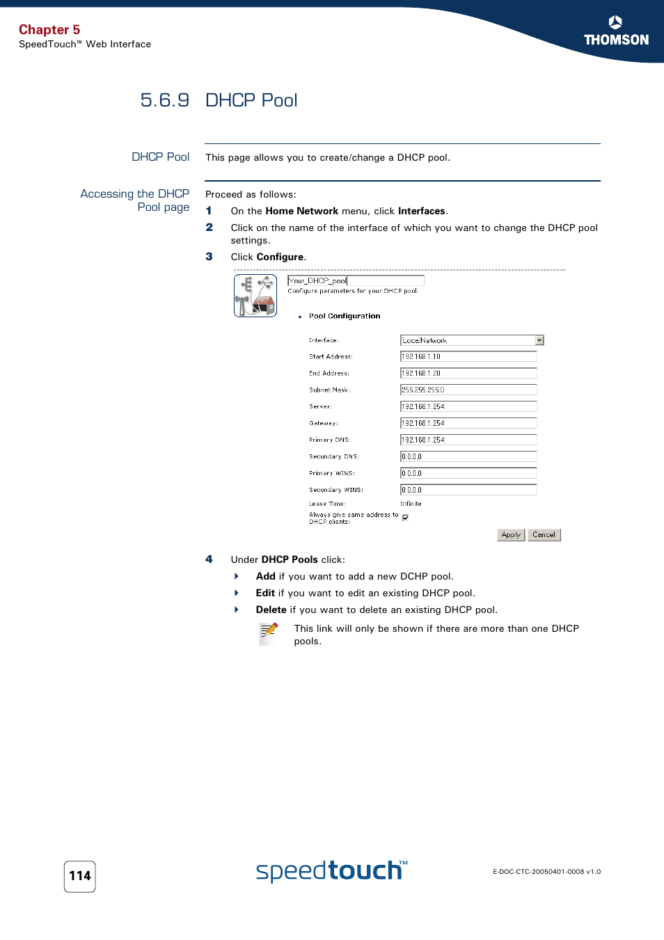 9 dhcp pool, Dhcp pool, Chapter 5 | RCA SpeedTouch 716v5 (WL) User Manual | Page 122 / 140