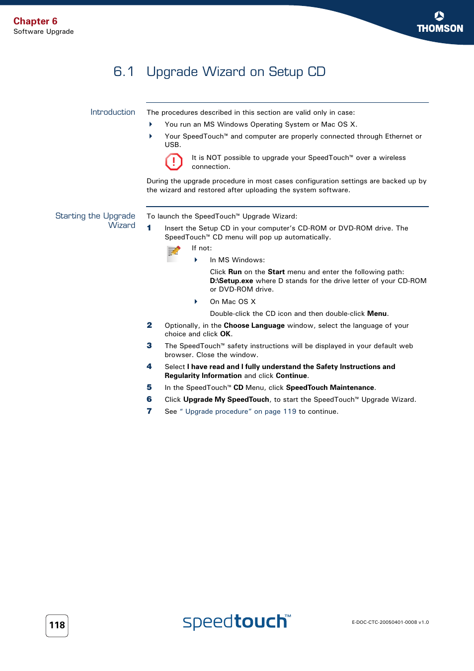 1 upgrade wizard on setup cd, Introduction, Starting the upgrade wizard | Upgrade wizard on setup cd, Chapter 6 | RCA SpeedTouch 716v5 (WL) User Manual | Page 126 / 140