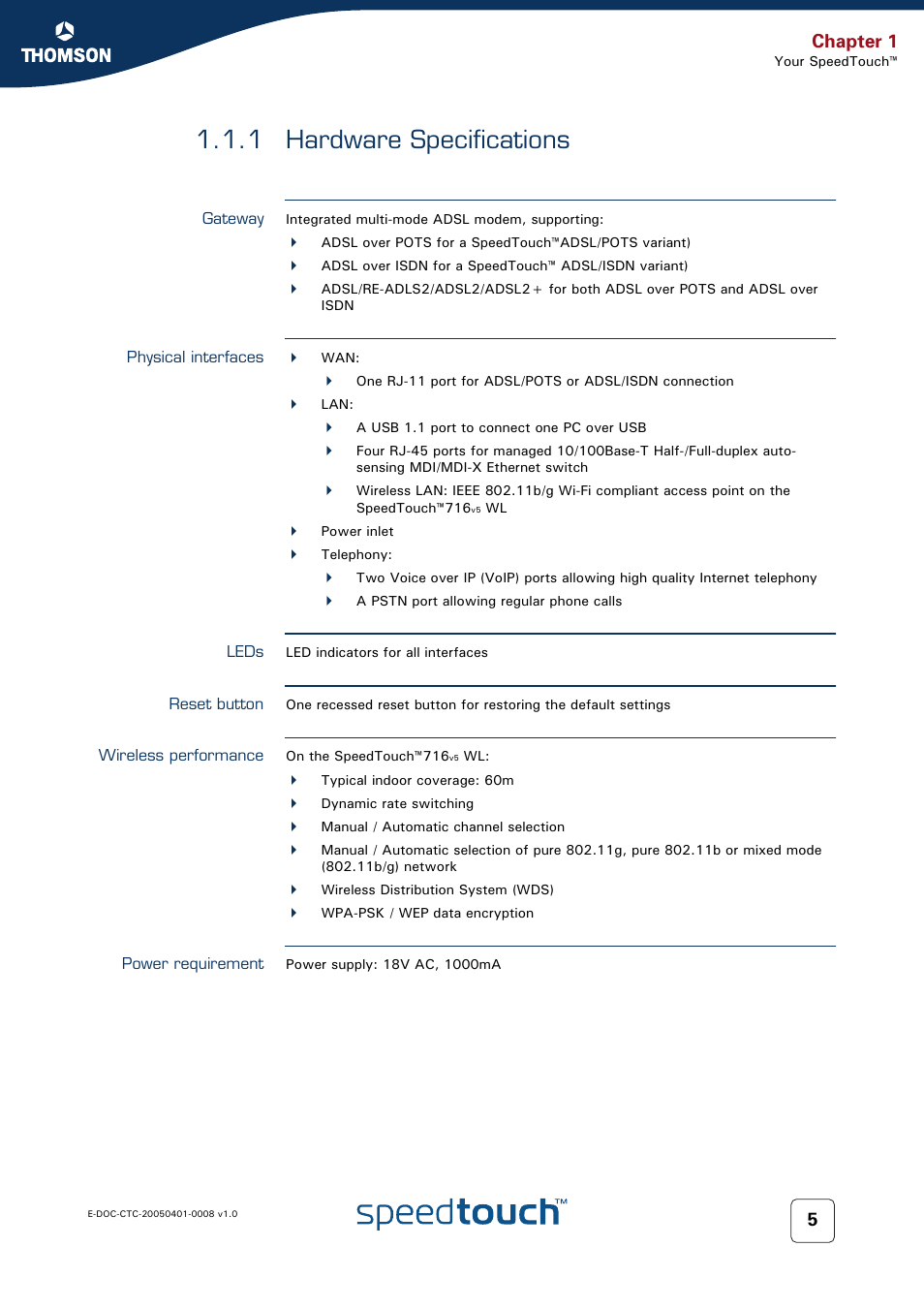 1 hardware specifications, Gateway, Physical interfaces | Leds, Reset button, Wireless performance, Power requirement, Hardware specifications, Chapter 1 | RCA SpeedTouch 716v5 (WL) User Manual | Page 13 / 140