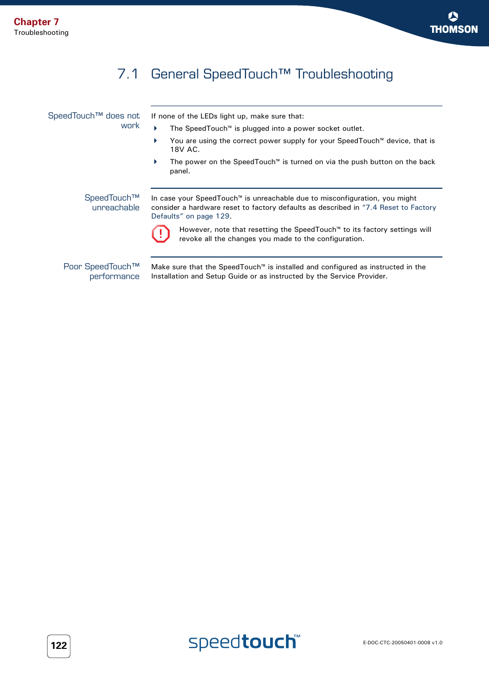 1 general speedtouch™ troubleshooting, Speedtouch™ does not work, Speedtouch™ unreachable | Poor speedtouch™ performance, General speedtouch™ troubleshooting, Chapter 7 | RCA SpeedTouch 716v5 (WL) User Manual | Page 130 / 140