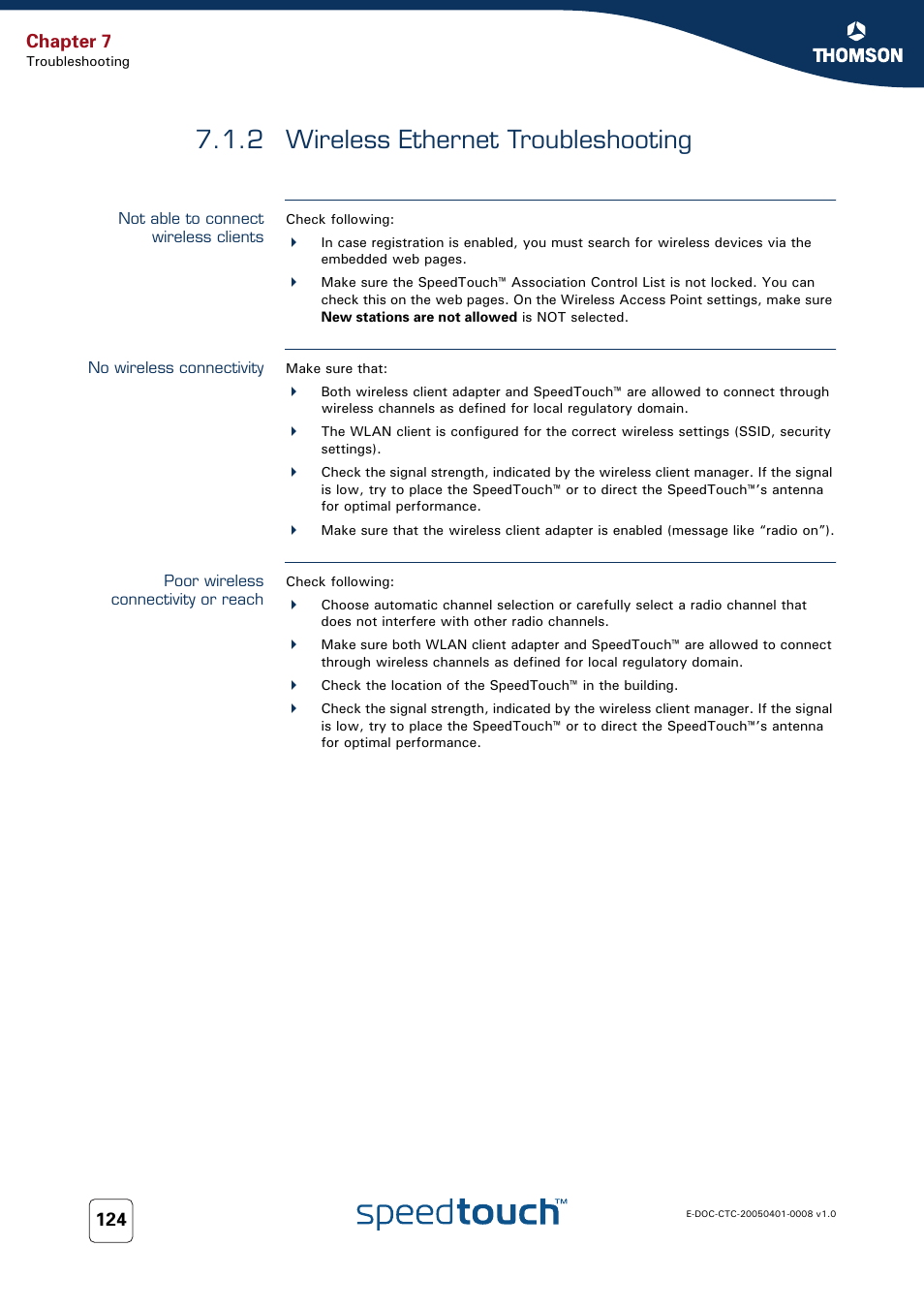 2 wireless ethernet troubleshooting, Not able to connect wireless clients, No wireless connectivity | Poor wireless connectivity or reach, Wireless ethernet troubleshooting, Chapter 7 | RCA SpeedTouch 716v5 (WL) User Manual | Page 132 / 140