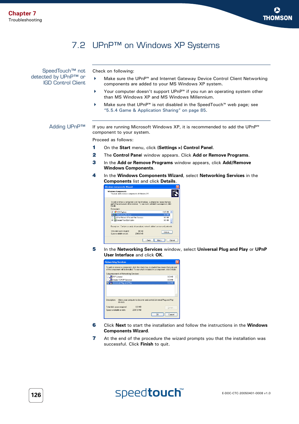 2 upnp™ on windows xp systems, Adding upnp, Upnp™ on windows xp systems | Chapter 7 | RCA SpeedTouch 716v5 (WL) User Manual | Page 134 / 140