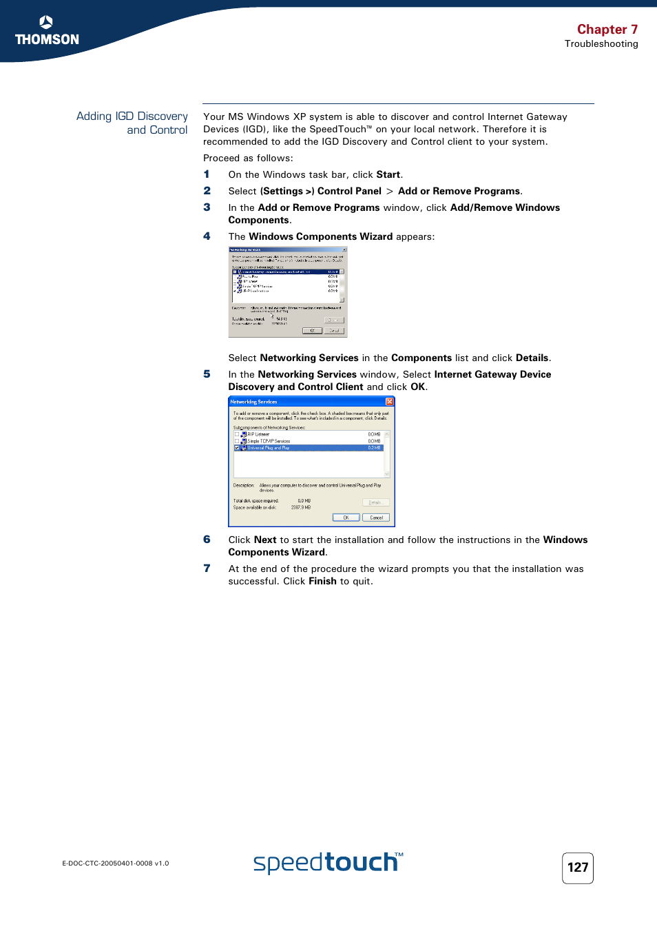 Adding igd discovery and control, Adding igd discovery and, Chapter 7 | RCA SpeedTouch 716v5 (WL) User Manual | Page 135 / 140